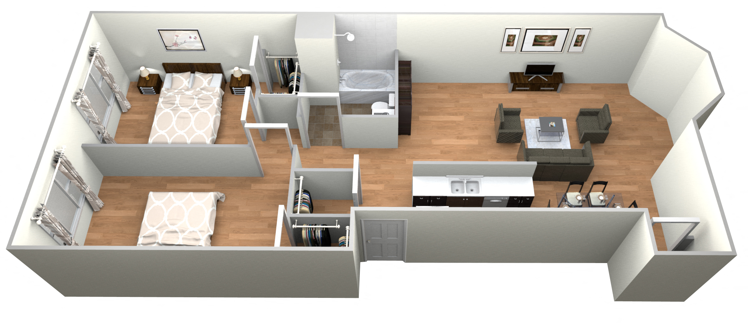 Floor plan for 2 beds, 1 bath, 1244 sqft